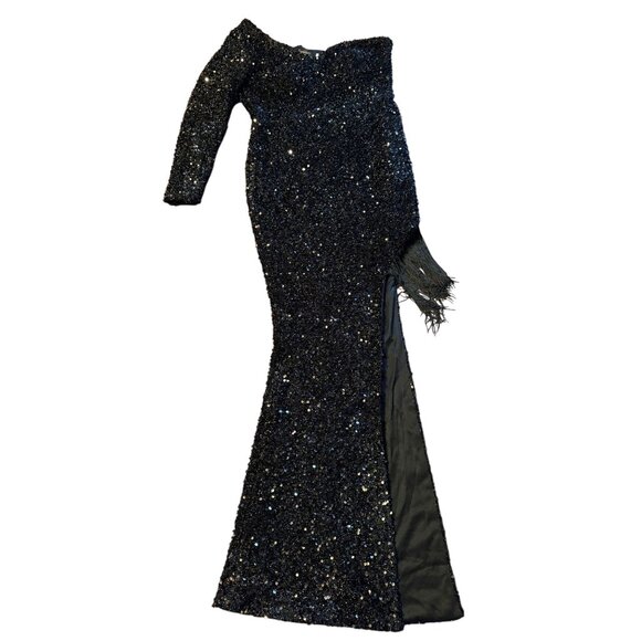 Black Sequined One-Shoulder Gown With Fringe Detail Party Evening - Picture 2 of 8